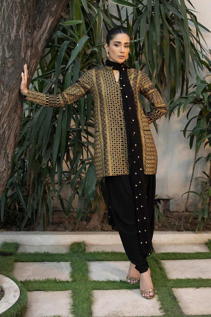 Exquisite Black Raw Silk Ensemble - Sunset