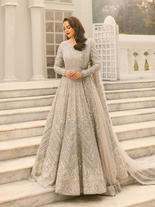 Pearl White Maxi Dress On Net Fabric - Diamond Dewdrop