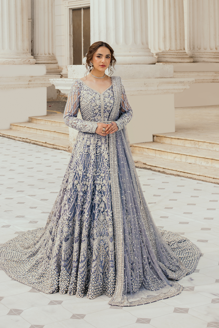 Grandeur Iced Blue Net Peshwas With Royal Tail - Moonlit Majesty
