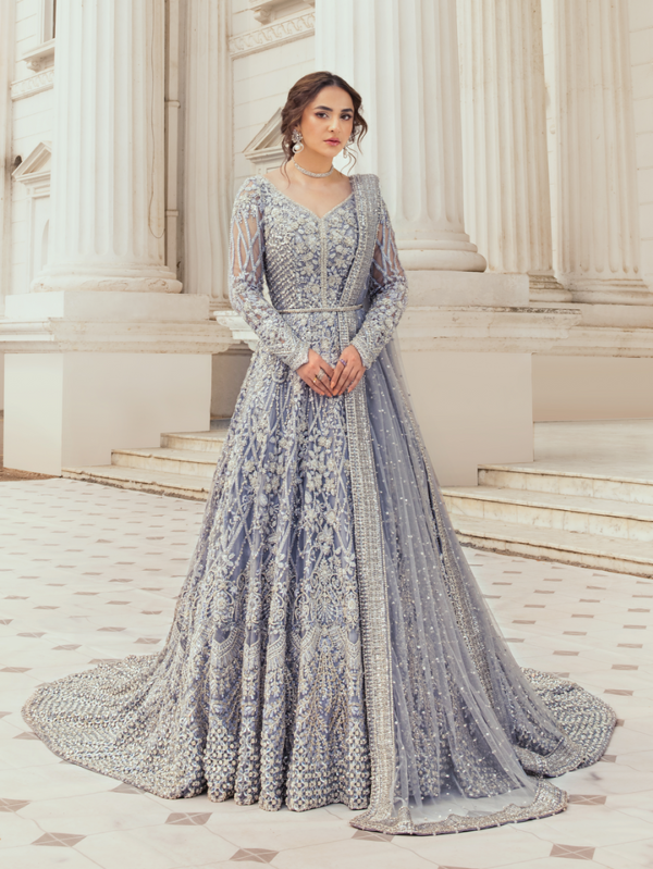 Grandeur Iced Blue Net Peshwas With Royal Tail - Moonlit Majesty