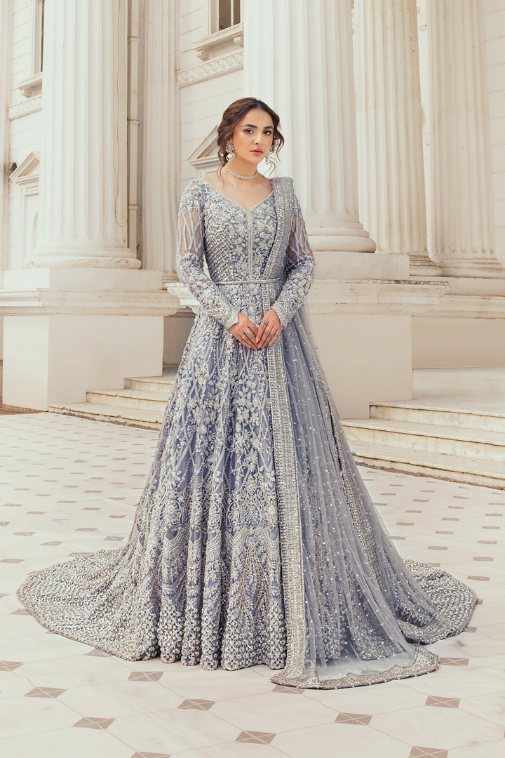 Grandeur Iced Blue Net Peshwas With Royal Tail - Moonlit Majesty