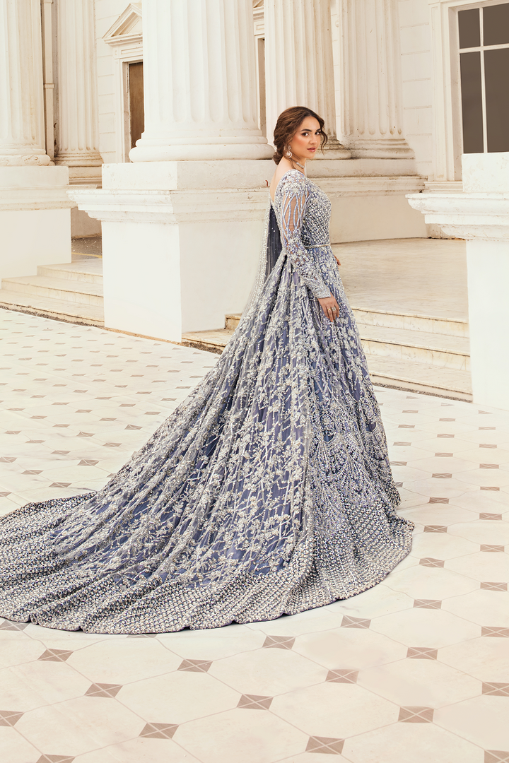 Grandeur Iced Blue Net Peshwas With Royal Tail - Moonlit Majesty