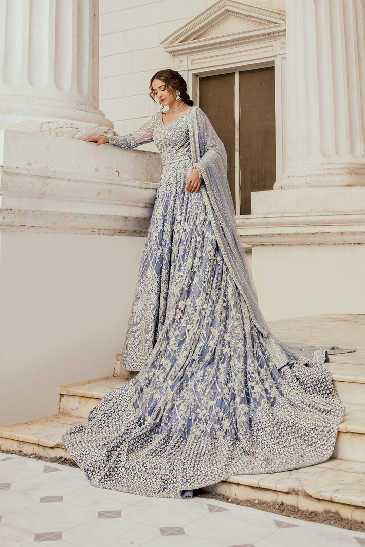Grandeur Iced Blue Net Peshwas With Royal Tail - Moonlit Majesty