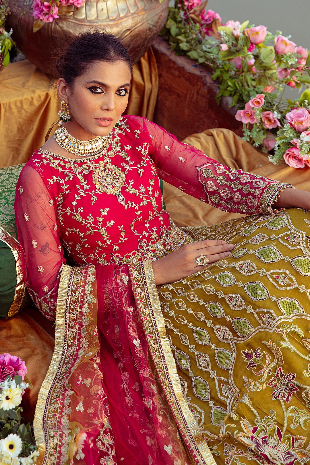 Luxury Net Hot Pink & Olive Green Suit - Garden Arch - Image 4