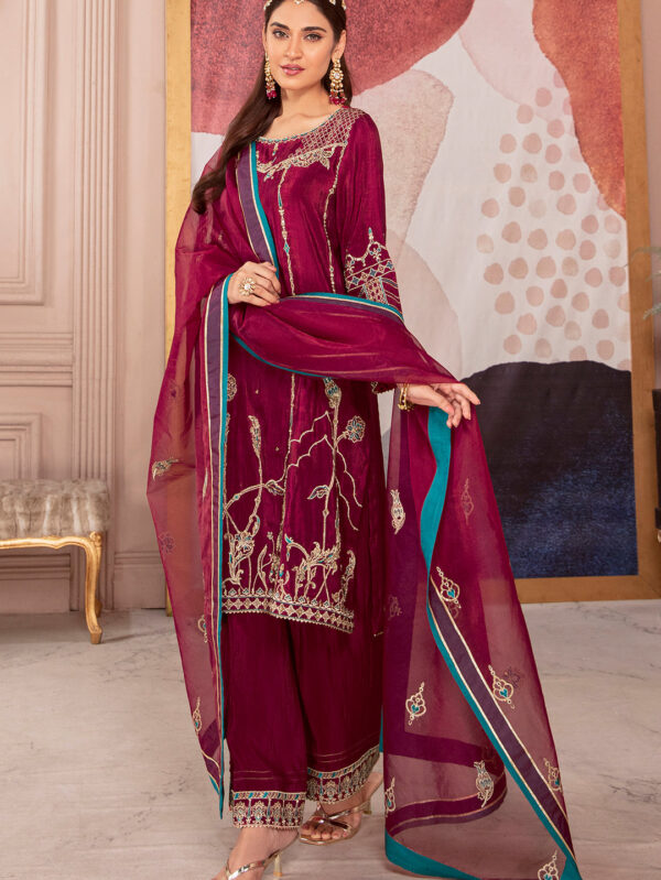Luxury Slub Raw Silk Burgundy Pink Suit - Erina