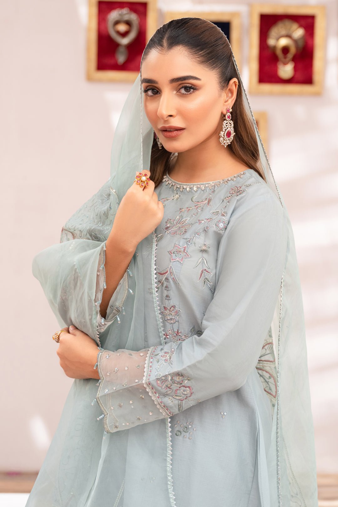 Luxury Organza Powder Blue Suit - Deedar - Image 5