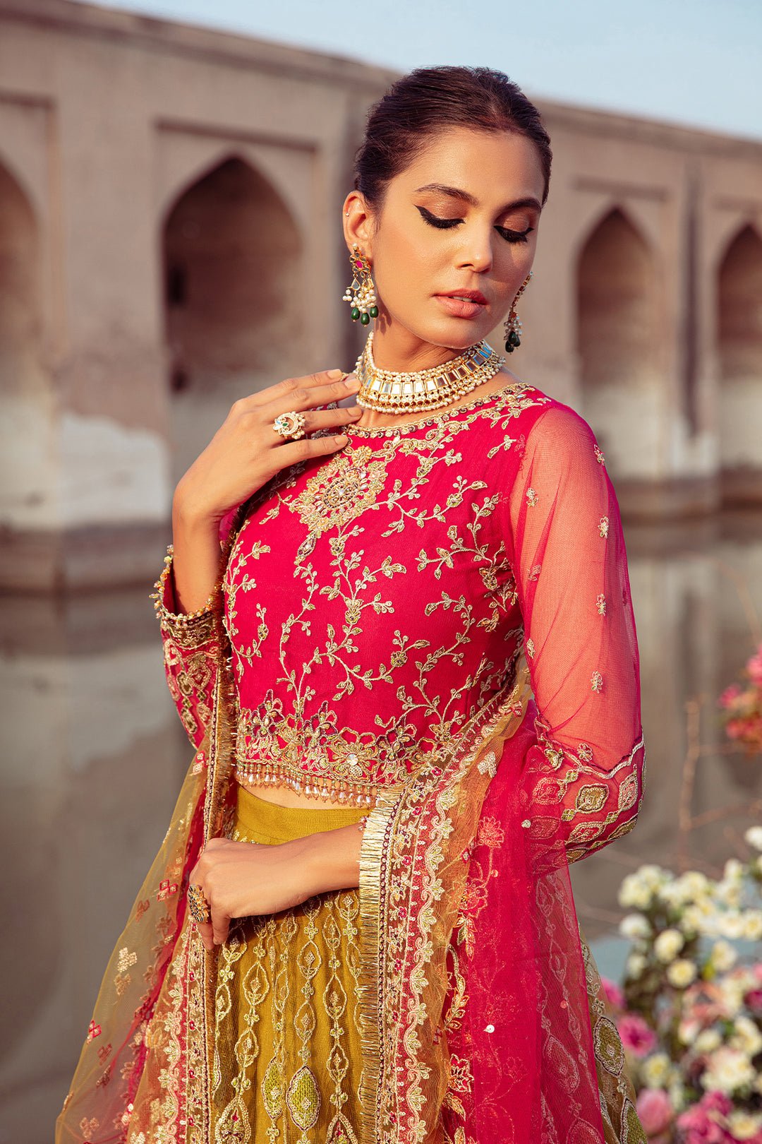 Luxury Net Hot Pink & Olive Green Suit - Garden Arch - Image 2