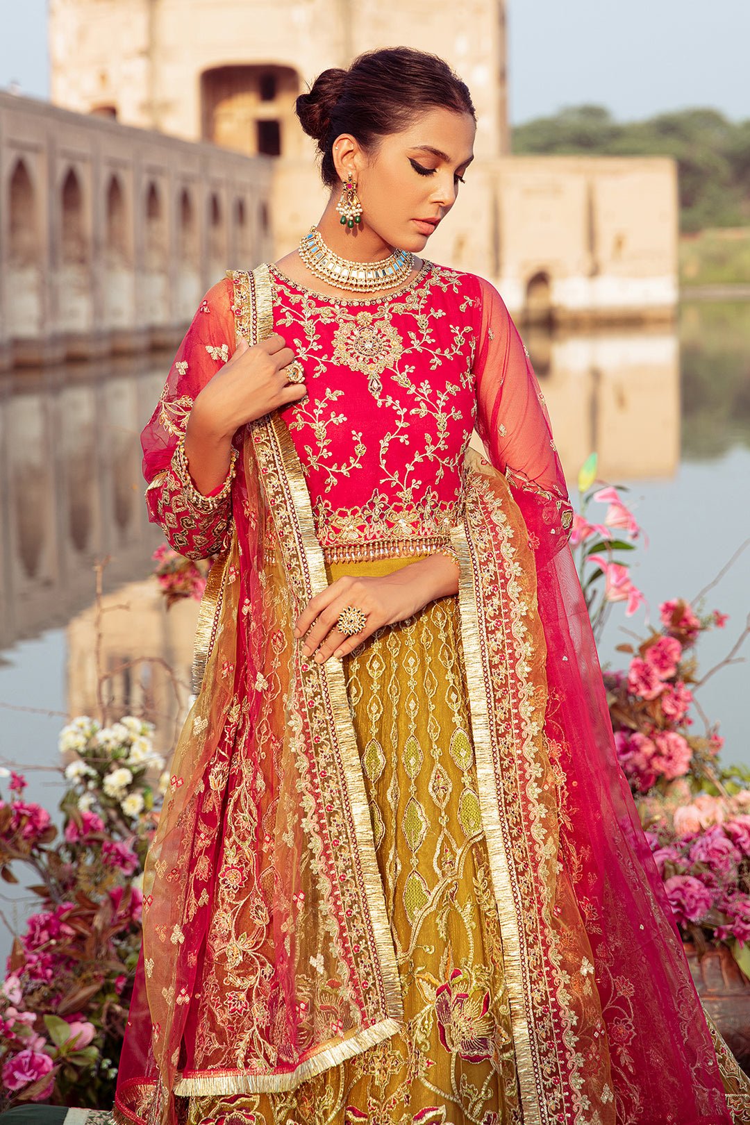 Luxury Net Hot Pink & Olive Green Suit - Garden Arch - Image 3