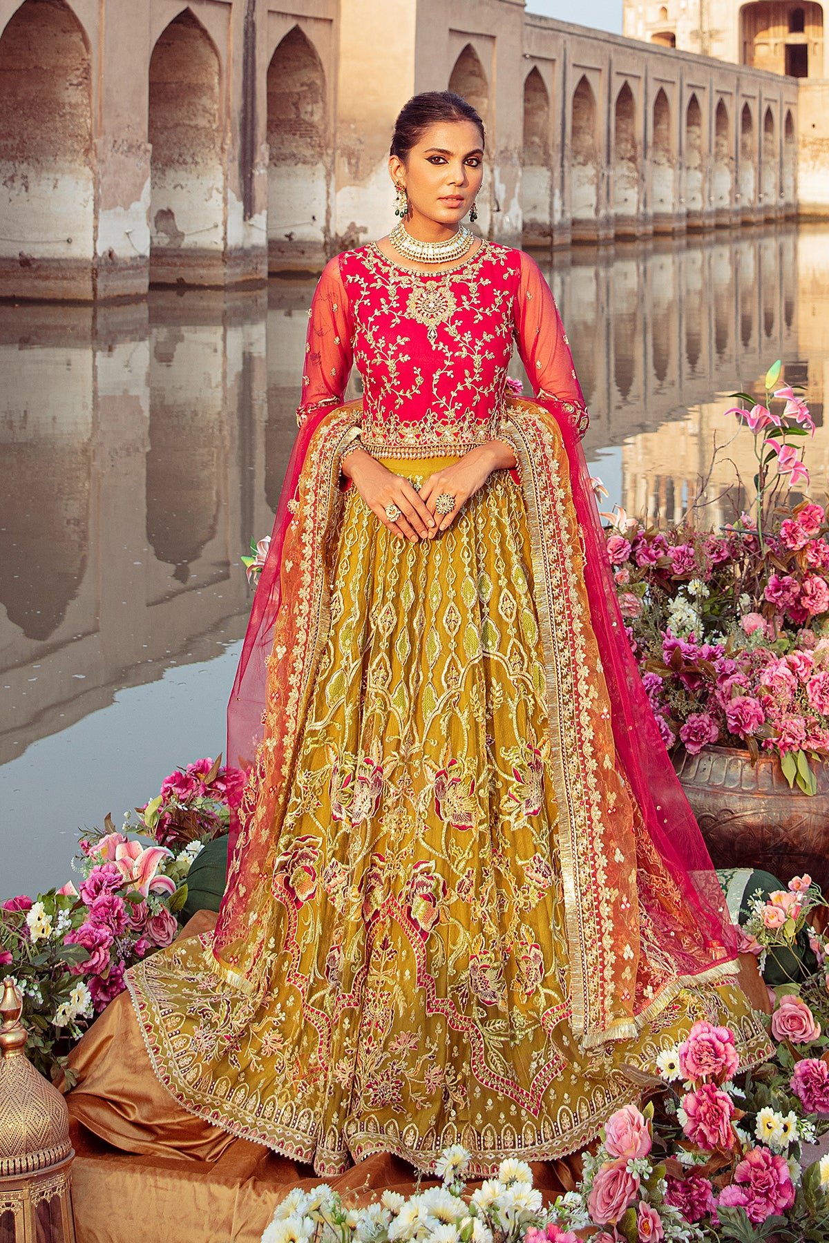 Luxury Net Hot Pink & Olive Green Suit - Garden Arch