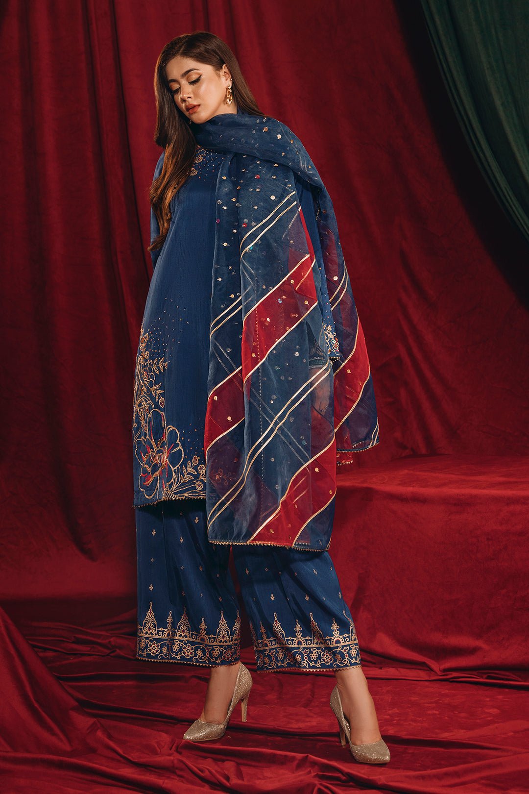 Luxury Indian Raw Silk Navy Blue Suit - Ayzel - Image 3