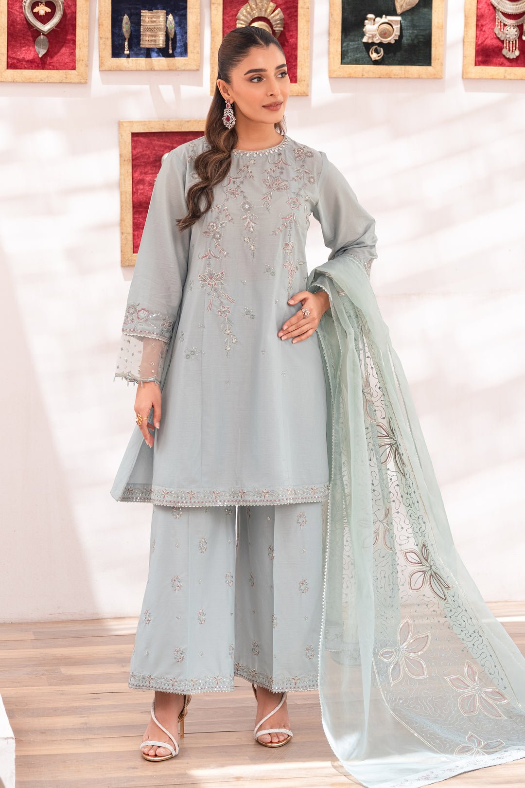 Luxury Organza Powder Blue Suit - Deedar - Image 6