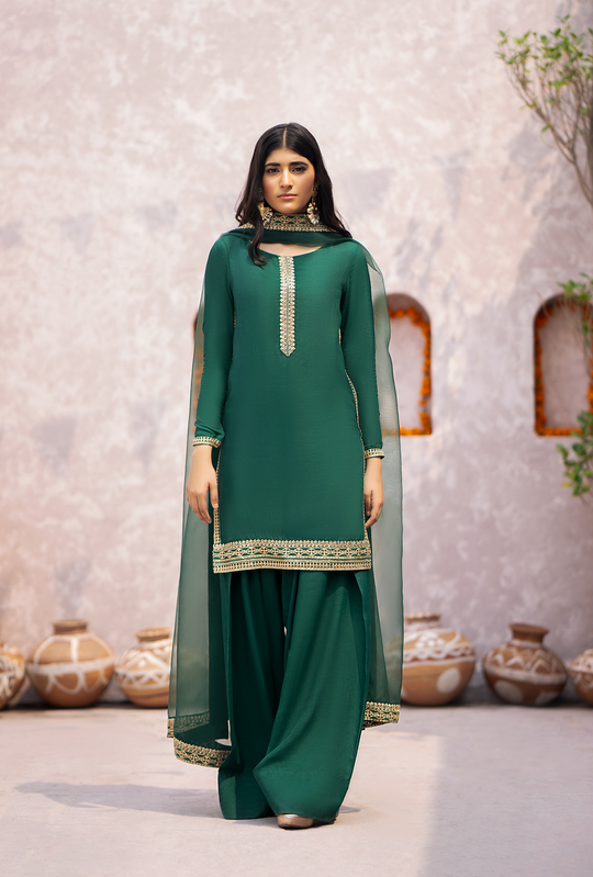emerald green raw silk embroidery shirt - Lily