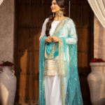 Raw Silk Embroidered Shirt, Shalwar with Embroidered Borders And Net Dupatta - Sufaid Phool