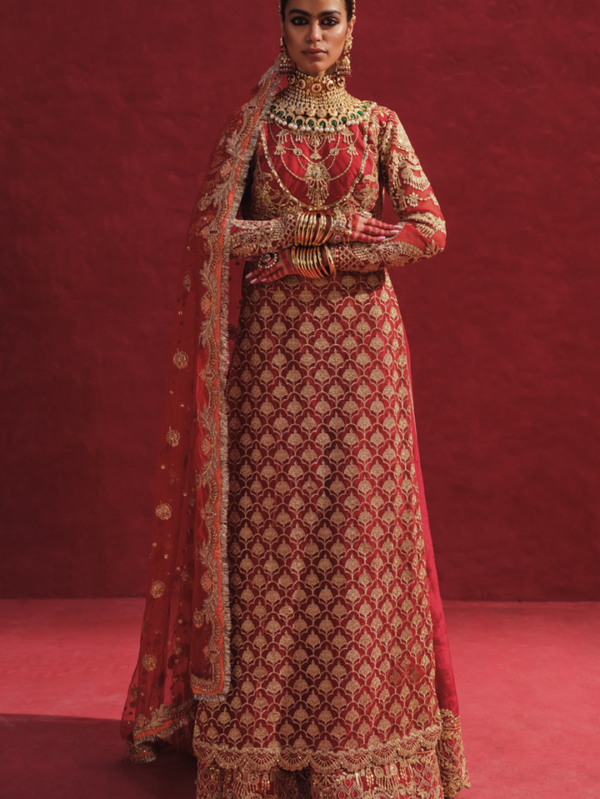 lure Of Pink-Red And Golden Embellished Traditional Wedding Dress - Deeba
