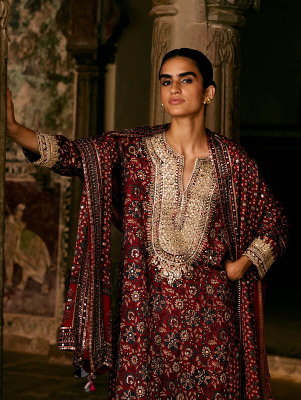 Printed Silk Suit Set - Red