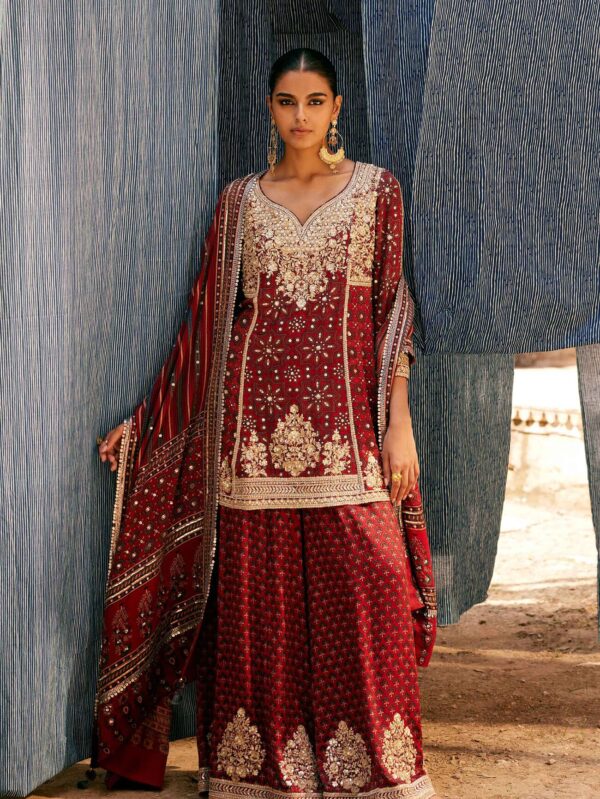 Printed Silk Sharara Set - Red