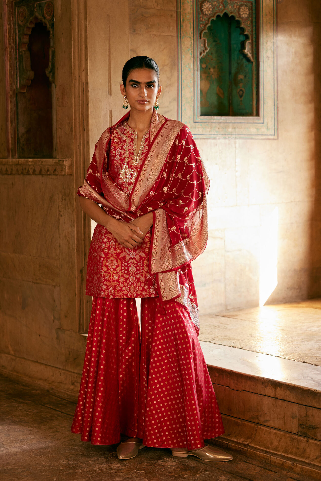 Khevna Benarasi Silk Sharara in Red - Image 3