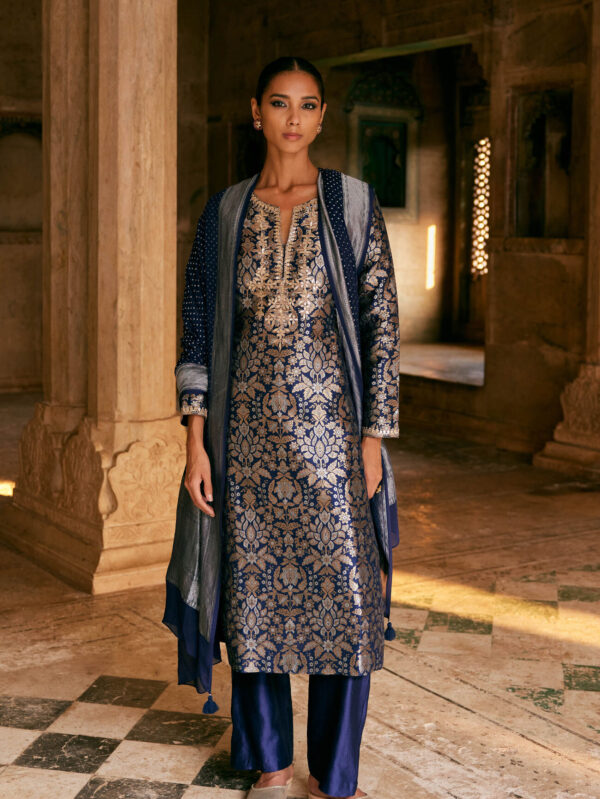 Samahita Handwoven Benarasi Silk Suit Set - Blue