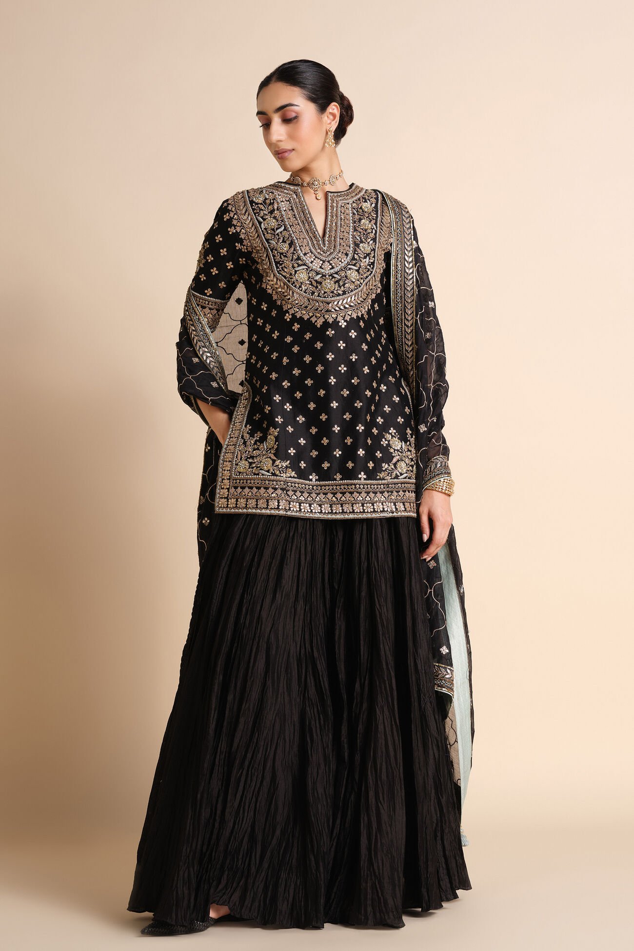 Gota Patti Silk Sharara Set - Black