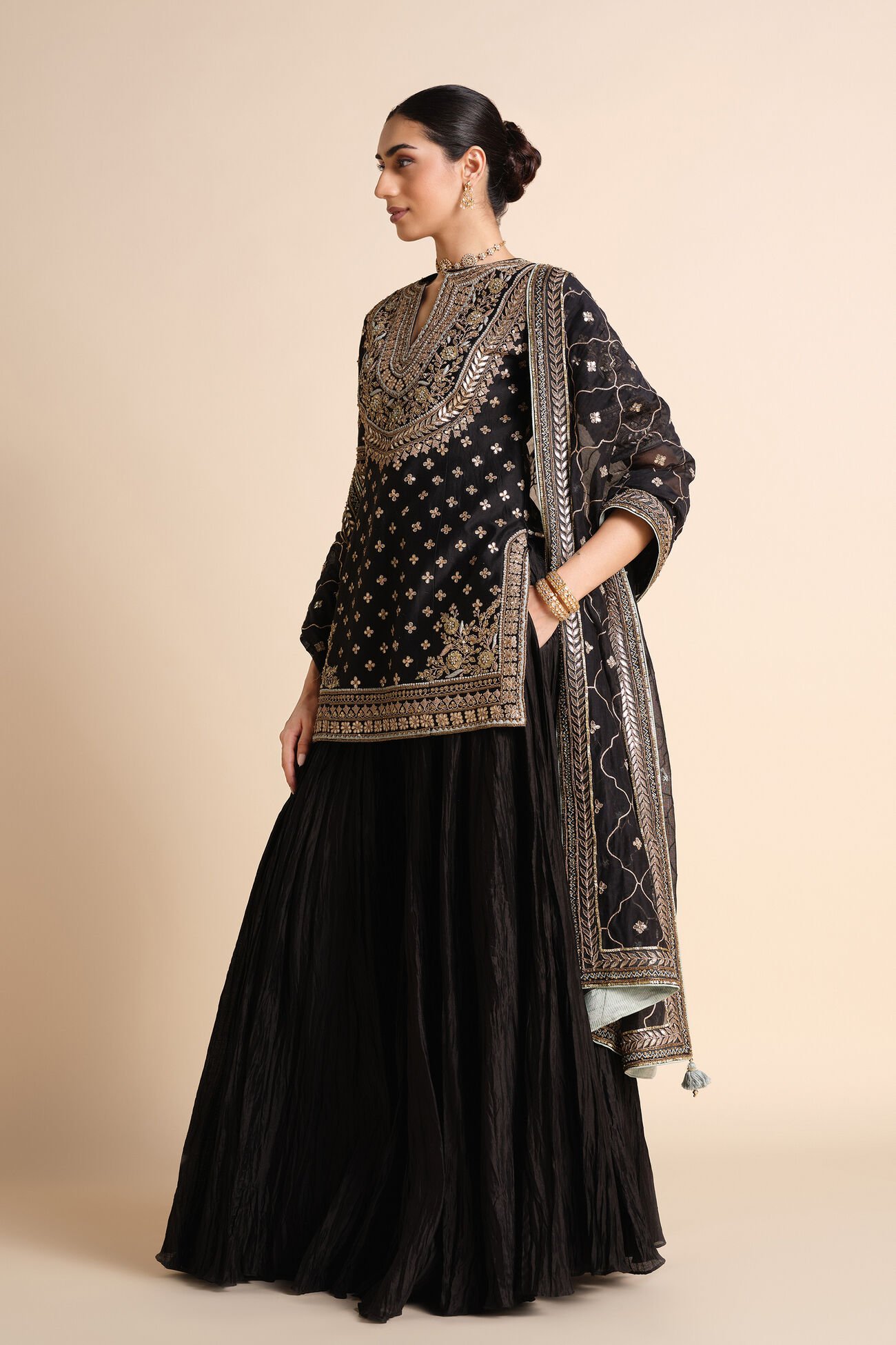 Traditional Sahasra Gota Patti Sharara Set - Black - Image 2