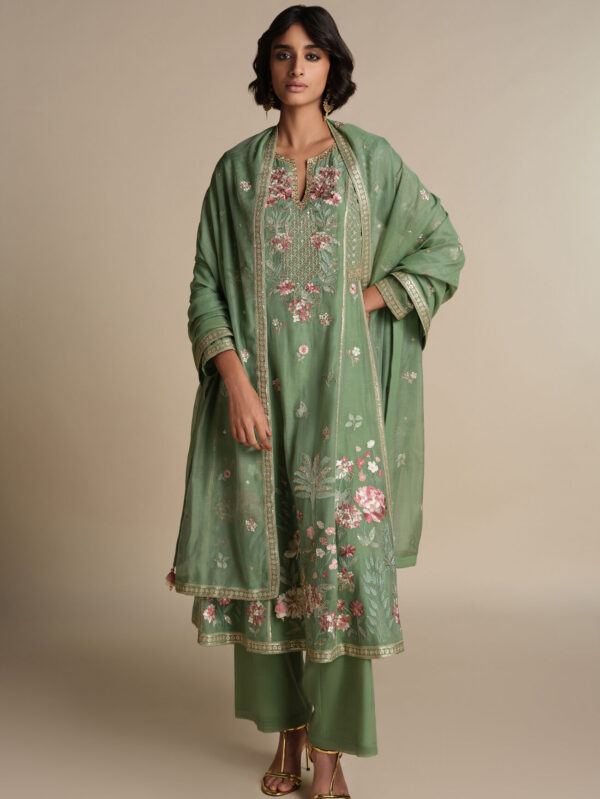 Embroidered Mul Suit Set - Sage