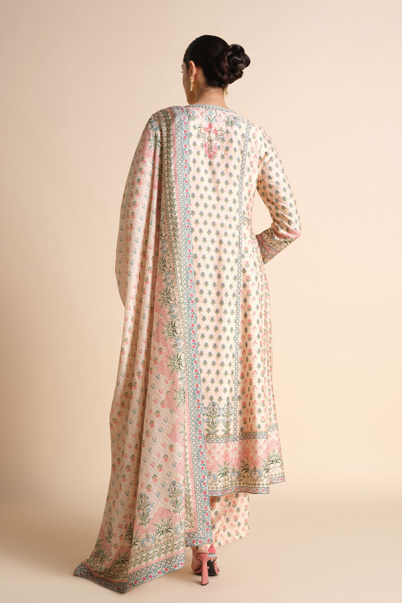 Beautiful Indivarini Printed Silk Anarkali in Ivory - Image 5