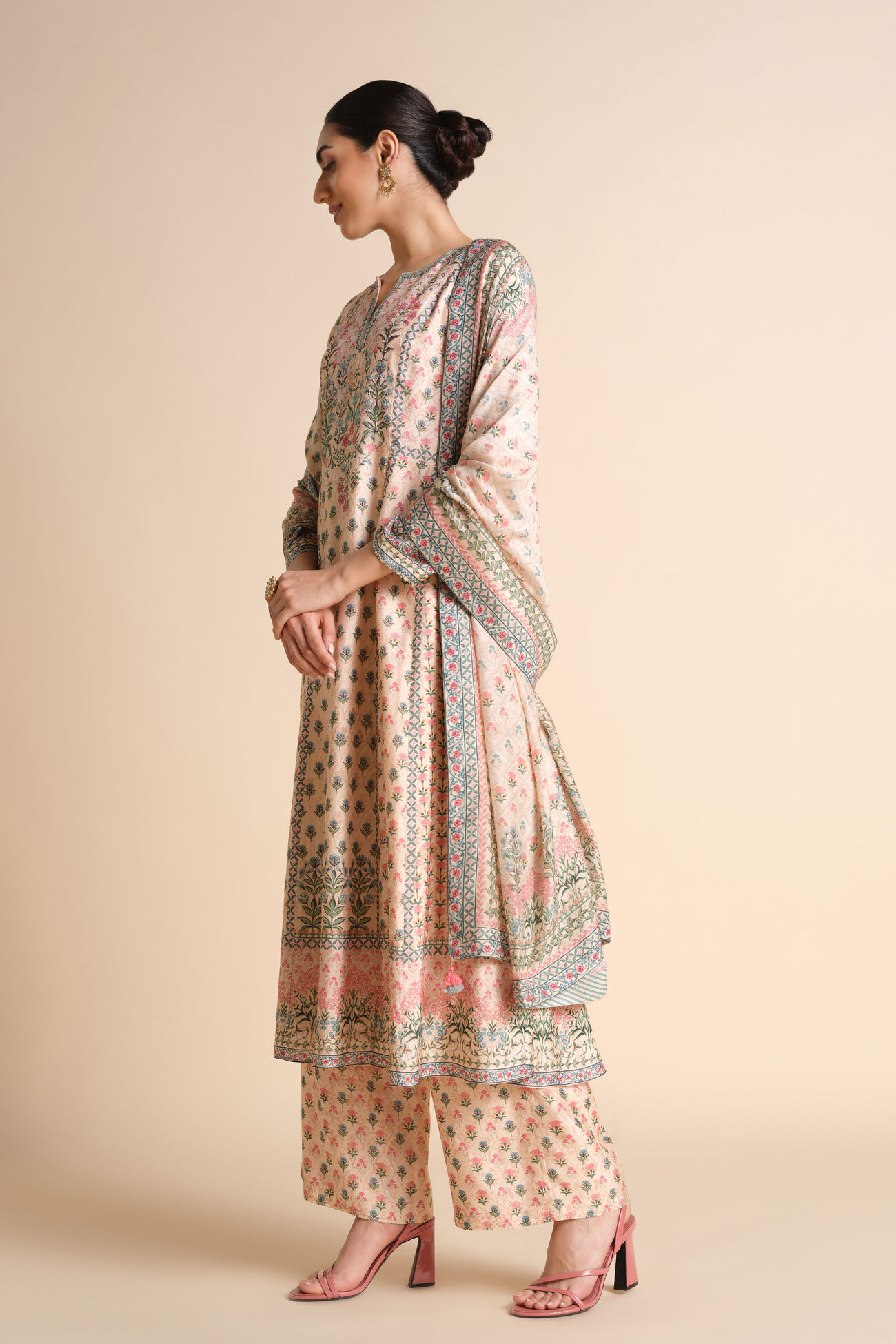 Beautiful Indivarini Printed Silk Anarkali in Ivory - Image 4