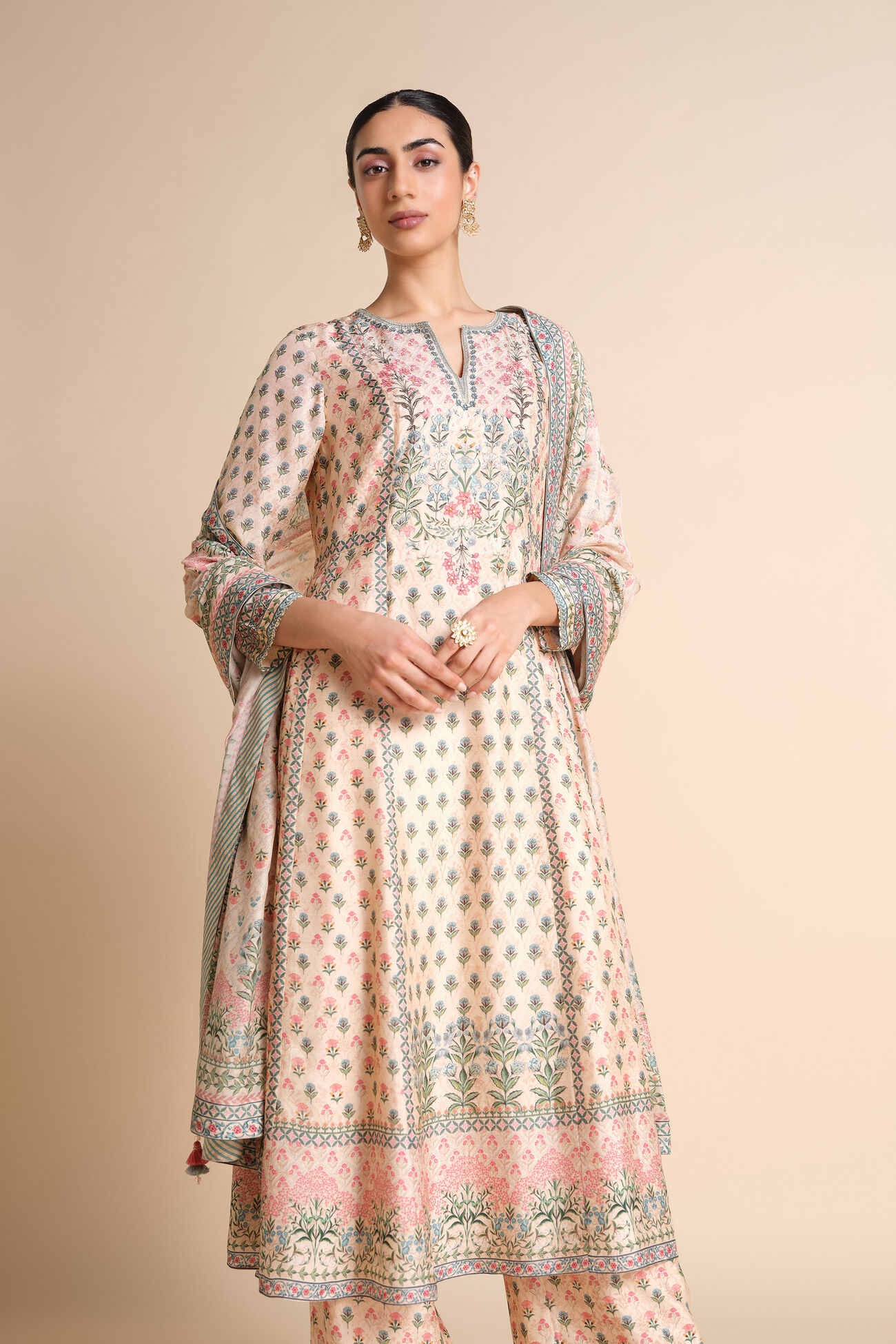 Beautiful Indivarini Printed Silk Anarkali in Ivory - Image 3