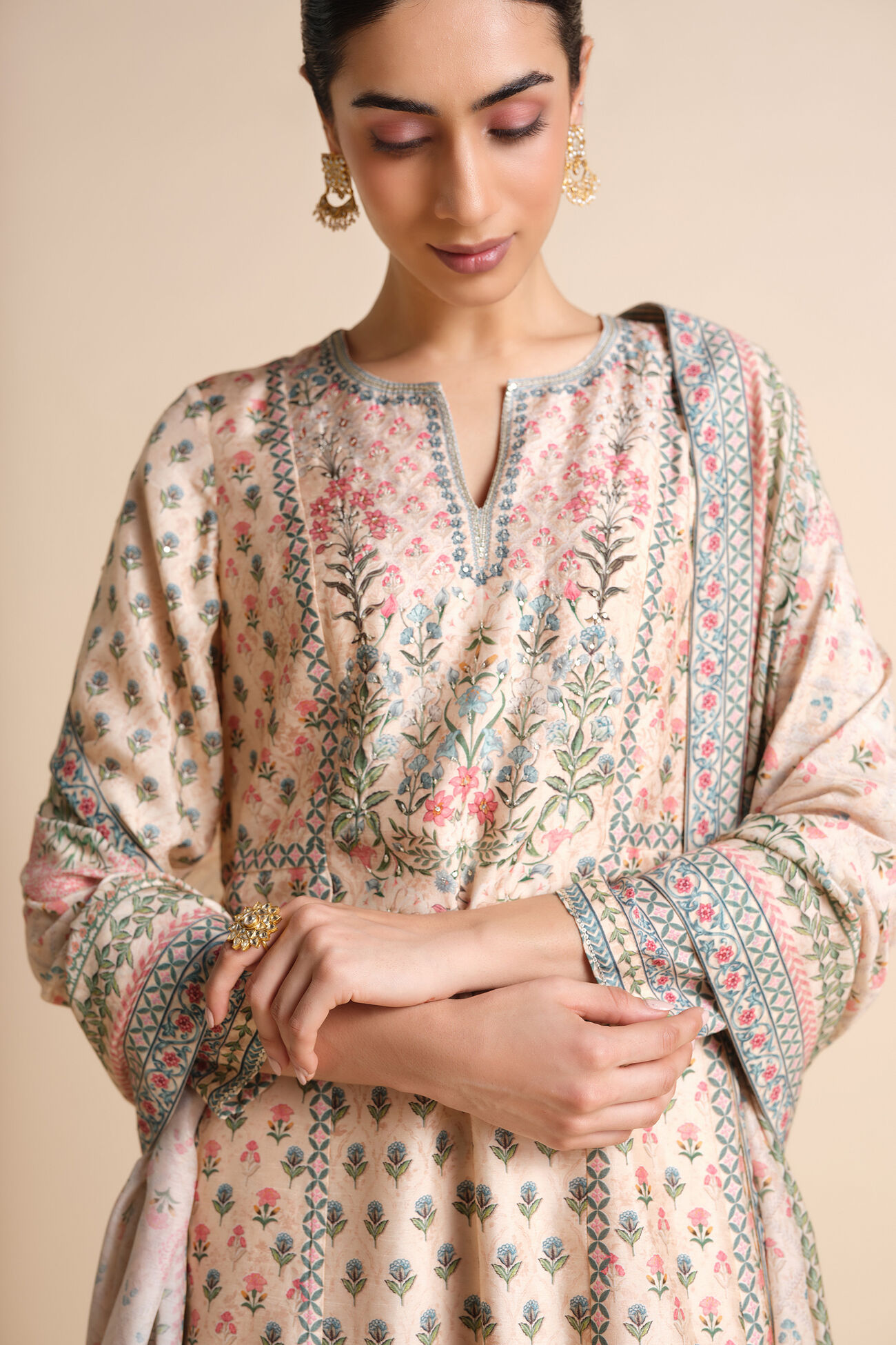 Beautiful Indivarini Printed Silk Anarkali in Ivory - Image 2