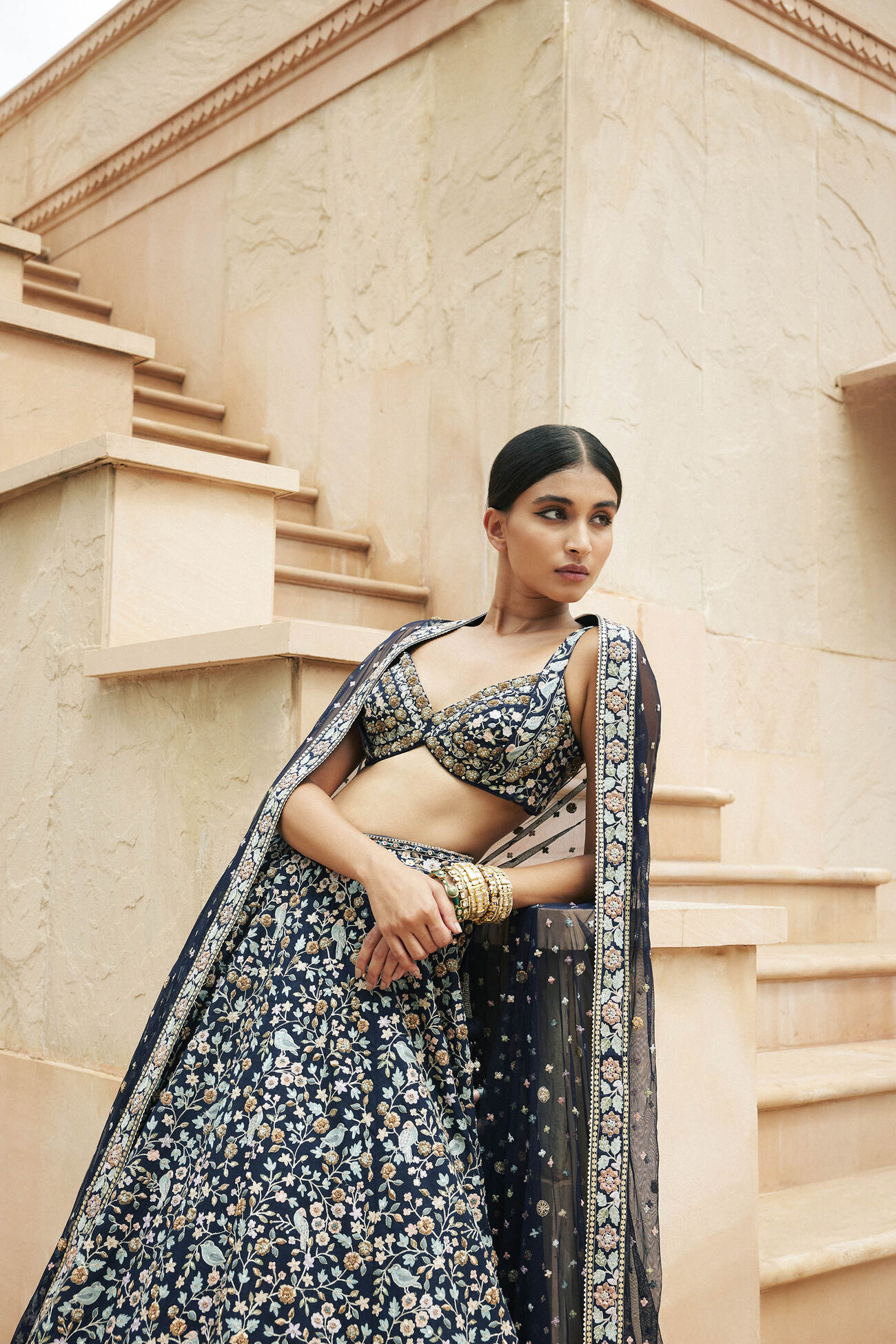 Qainaat Resham Silk Lehenga in Navy Blue - Image 2