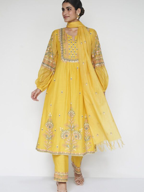 Zardozi Silk Suit Set - Yellow