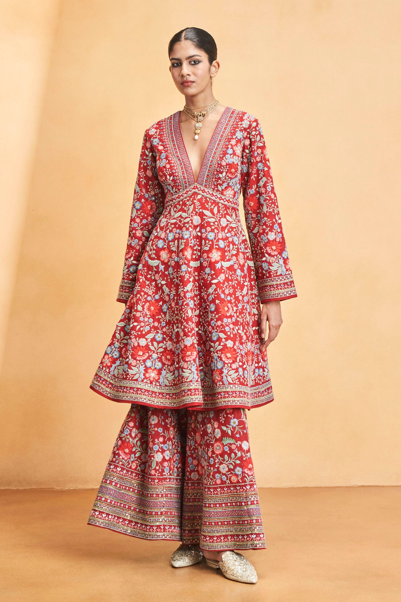 Ballad Embroidered Zardozi Silk Set in Red - Image 5
