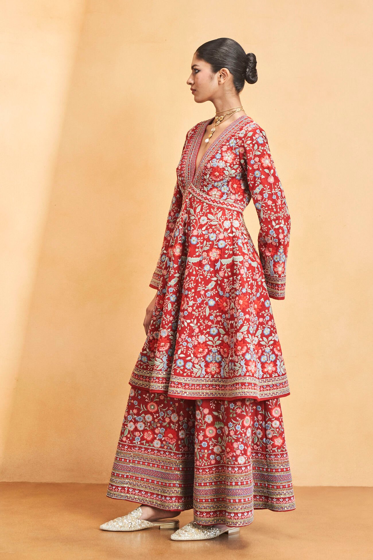 Ballad Embroidered Zardozi Silk Set in Red - Image 3