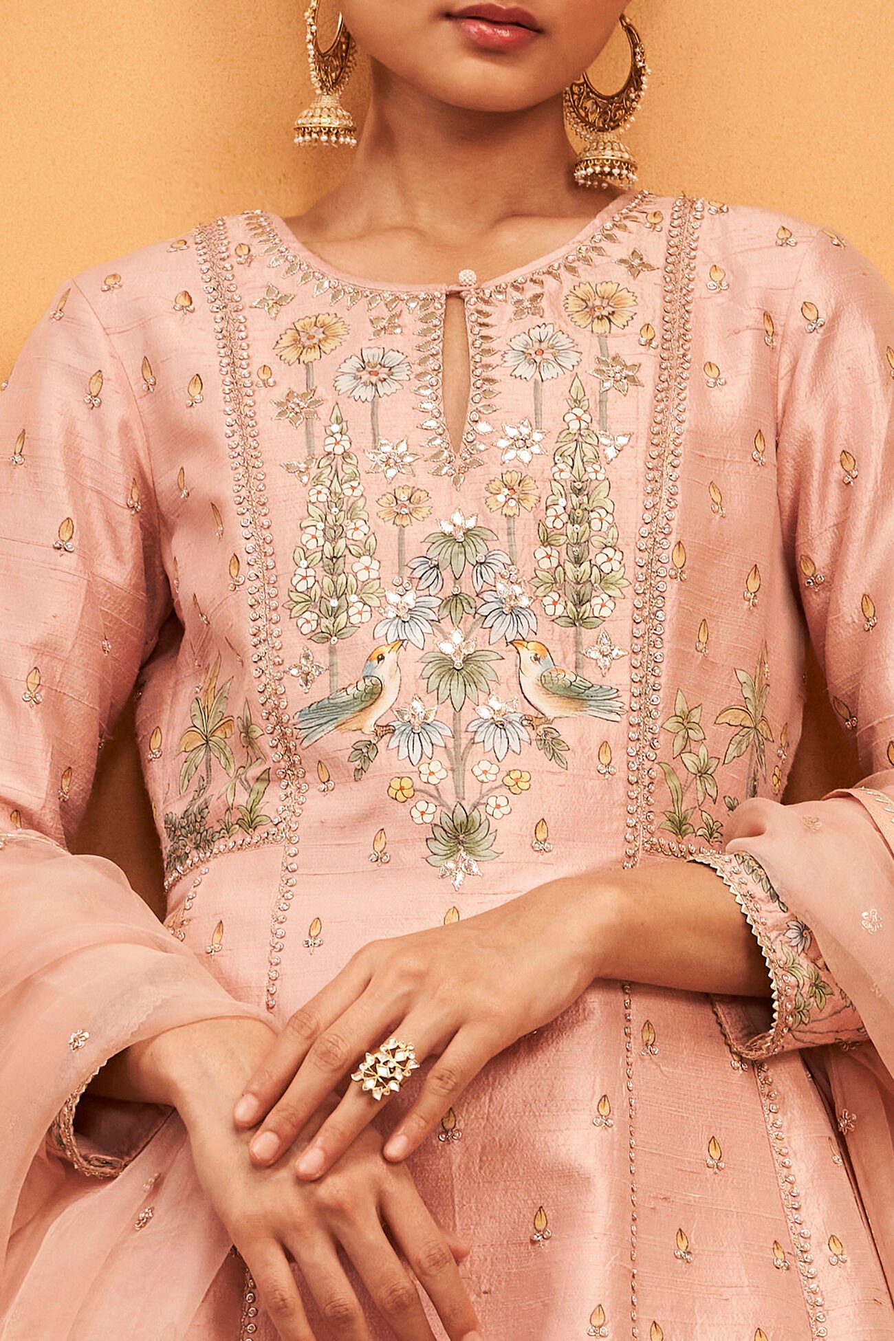 Gulbahar Pichhwai Silk Suit Set in Blush - Image 3
