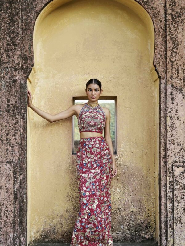 Zardozi Silk Skirt Set - Wine