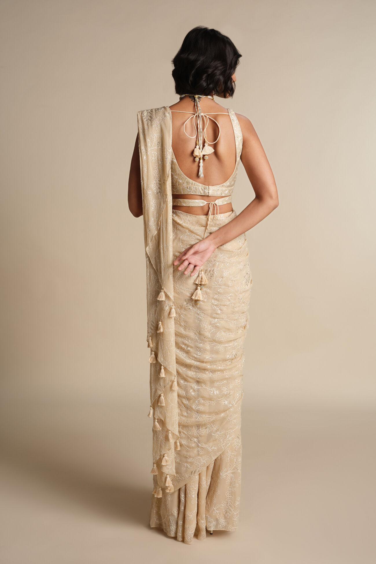 Larimar Pre-draped Saree in Flesh - Image 3