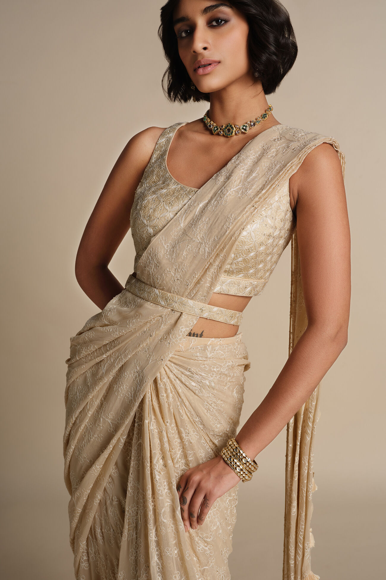 Larimar Pre-draped Saree in Flesh - Image 2
