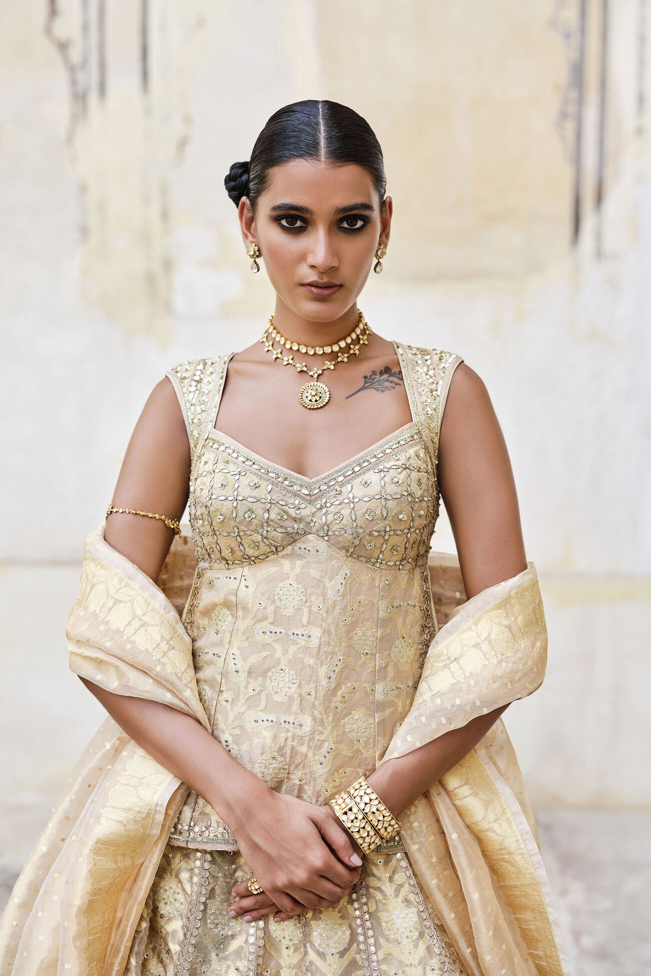 Ramsha Benarasi Silk Lehenga Set in Gold - Image 2