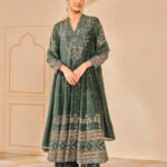 Embroidered Mul Anarkali Set - Green