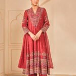 Embroidered Mul Anarkali Set - Red