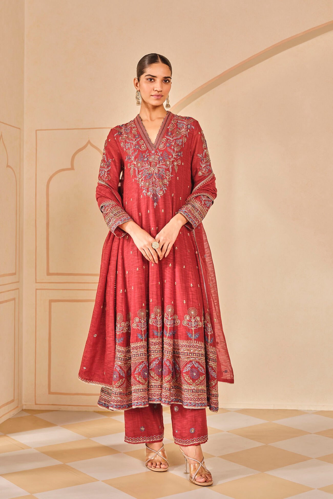 Embroidered Mul Anarkali Set - Red