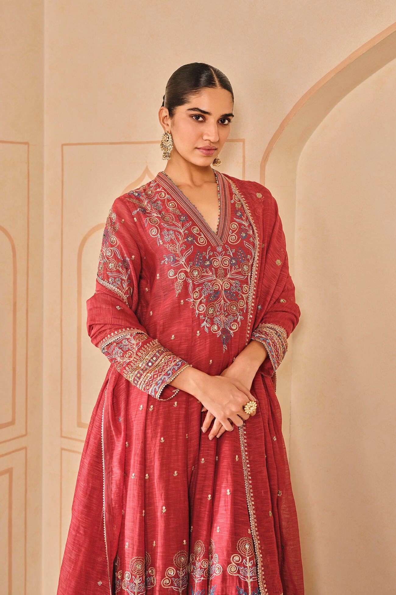Zunaira Embellished Anarkali Set in Red - Image 2