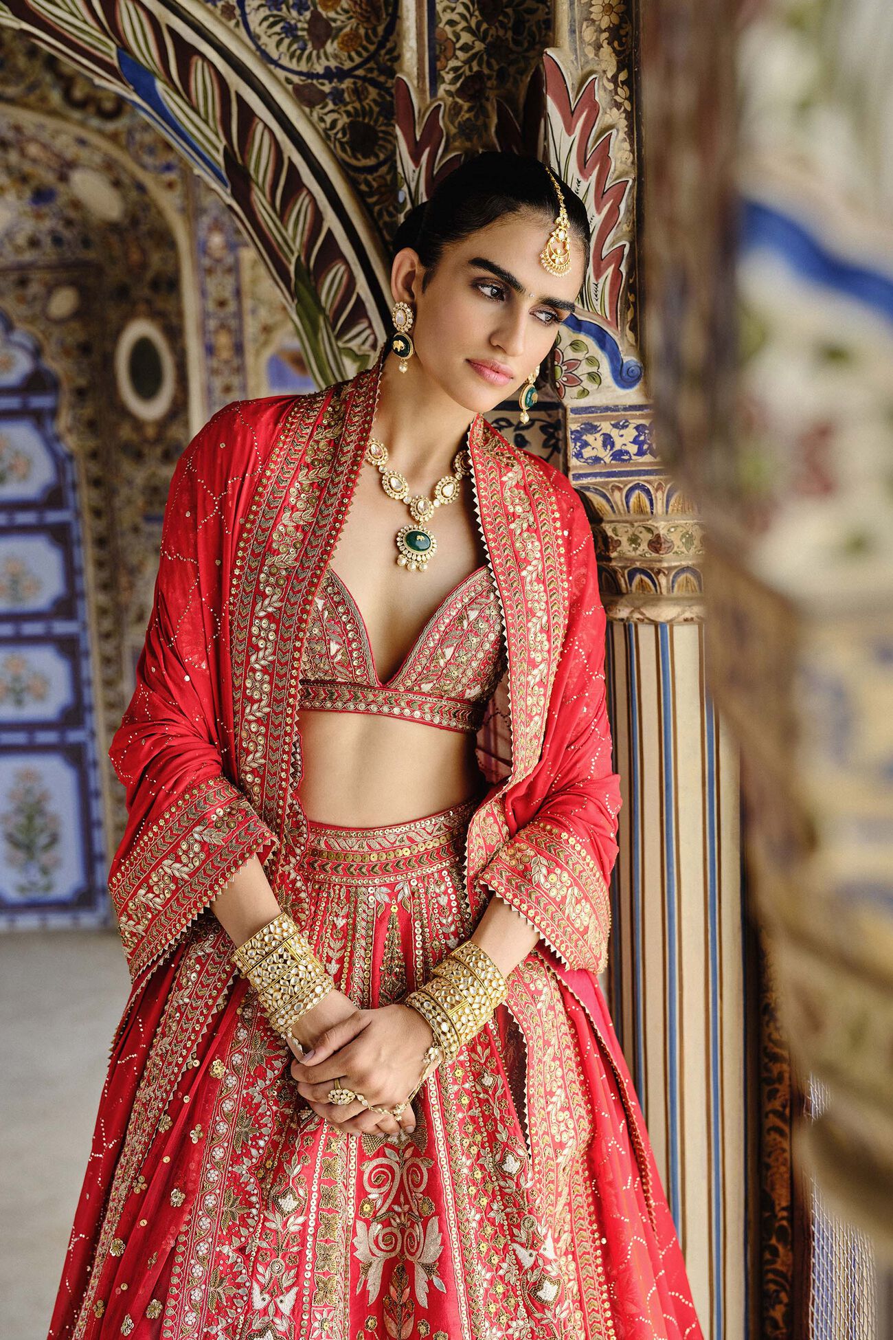 Mehreen Zardozi Silk Lehenga Set in Red - Image 3