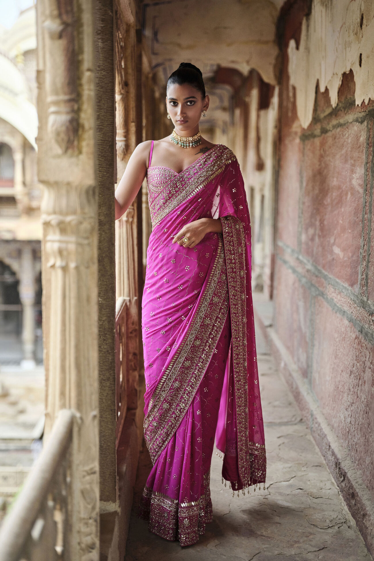Georgette Saree - Hot Pink