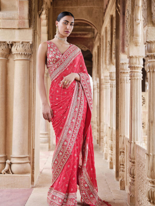 Badla Georgette Saree - Red