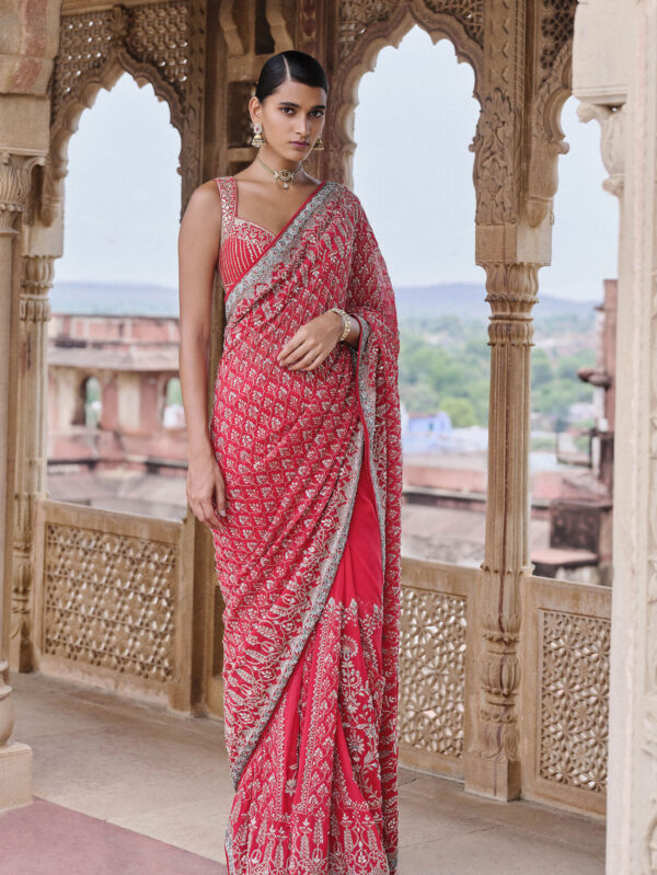 Embroidered Georgette Saree - Red