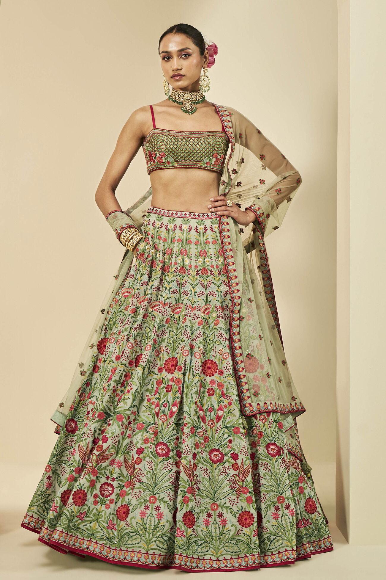 Embroidered Lehenga Set - Sage