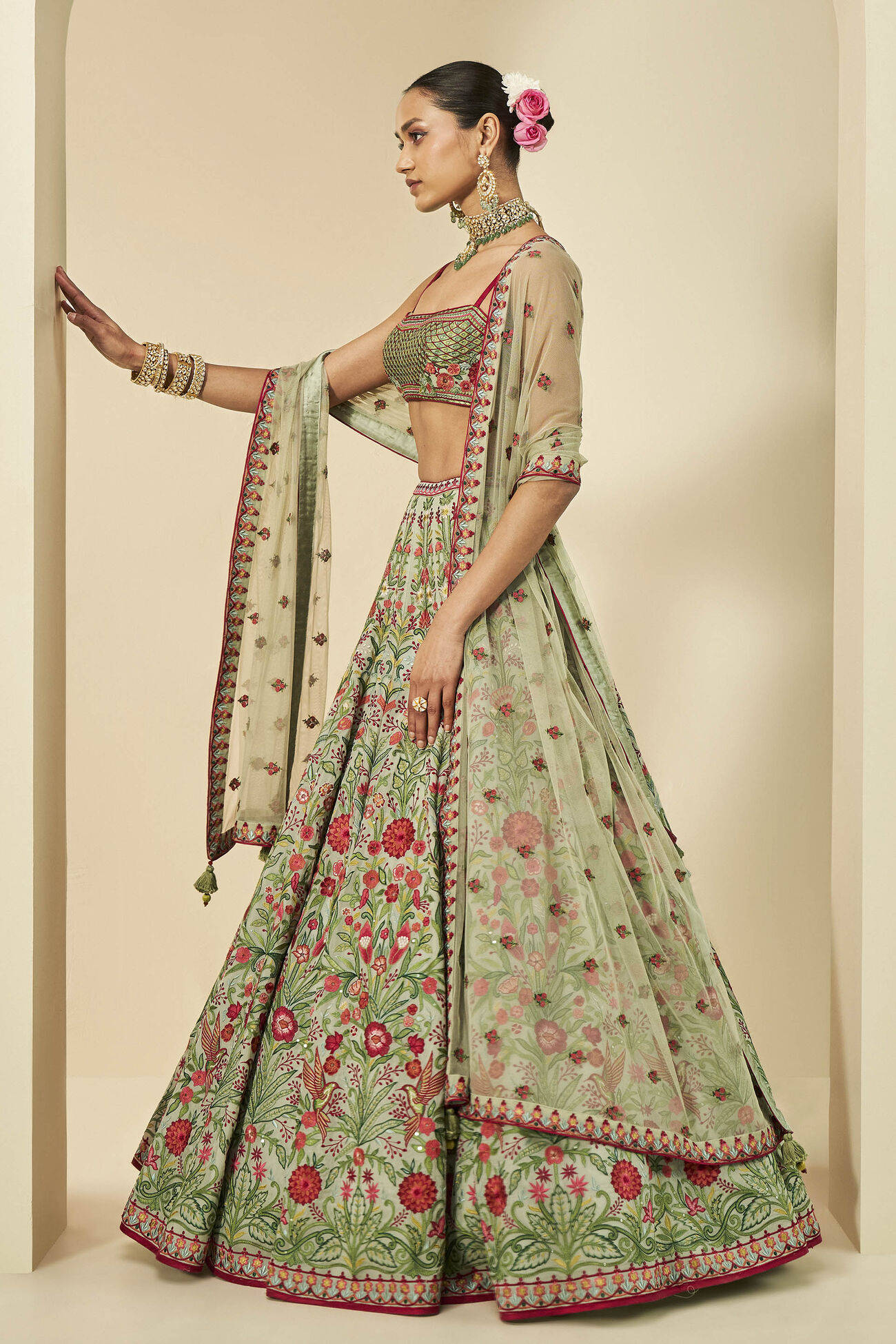 Melusine Hand-Embroidered Lehenga in Sage - Image 4