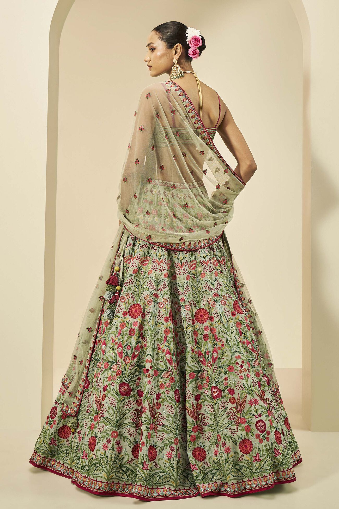 Melusine Hand-Embroidered Lehenga in Sage - Image 3