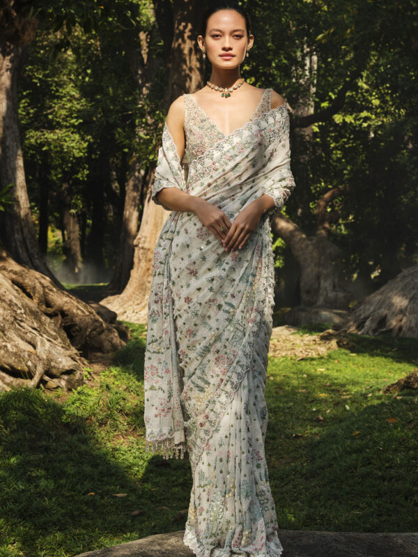 Embroidered Silk Saree - Ivory